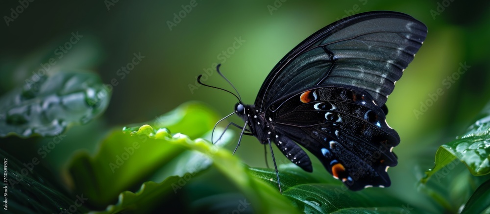 Wall mural Beautiful black butterfly perching gracefully on a vibrant green leaf in nature