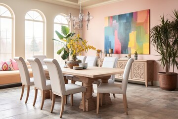 Exquisite Mediterranean Pastel Dining Room: Leather Seat Chairs Inspiration