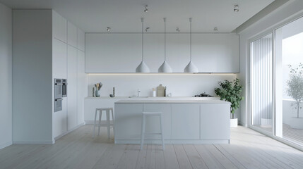 White modern kitchen with white walls.
