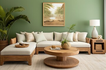 Coastal Bliss: Green Wall Living Room Design with Wooden Coffee Table