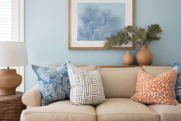 Blue Coast Living: Terra Cotta Pillow Accents in Coastal Living Room