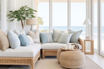 Rattan-Infused Coastal Home Decor with Terra Cotta Pillow Accents