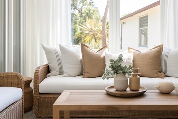 Coastal Style Home: Terra Cotta Pillow Accents & Rattan Touches