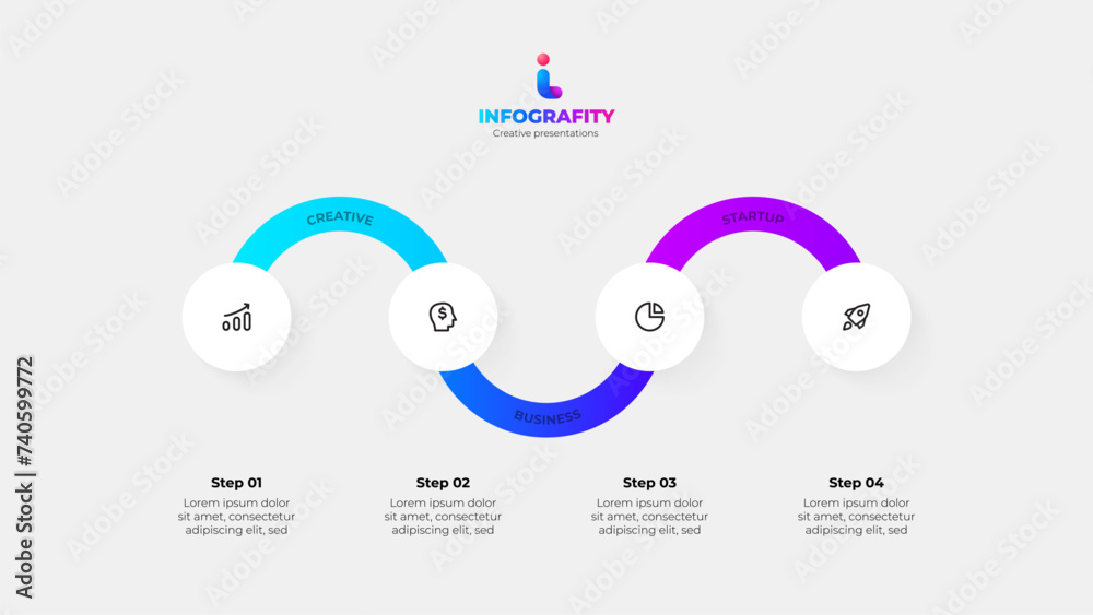 Poster Four circles with zigzag line. Infographic timeline visualization data with 4 steps, options and parts