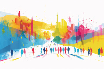 Abstract colorful cityscape with silhouettes of people walking - obrazy, fototapety, plakaty