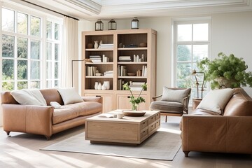 Obraz premium Coastal Style Living Room Interiors: Light-Filled Leather Seating and Drawer Units