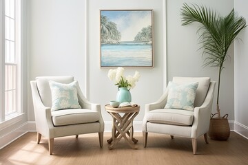 Coastal Style Living Room: Fabric Armchairs, Board Flooring, and Vase Elements D�cor