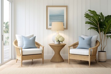 Coastal Style Living Room Interiors: Fabric Armchairs, Board Flooring, & Vase Elements Harmony
