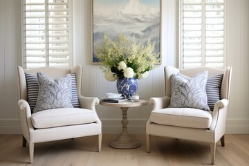 Fototapeta premium Coastal Style Inspiration: Fabric Armchairs, Board Flooring, and Vase Elements in Living Room Interiors