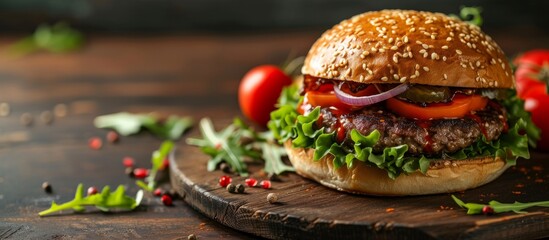 Delicious hamburger with lettuce and tomatoes on a rustic wooden board for a tasty fast food meal