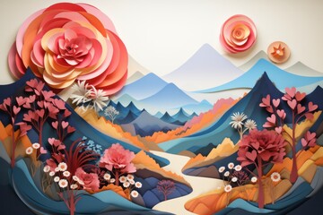 Dive into the world of paper artistry with a landscape background, featuring meticulously crafted paper mountains, Generative AI