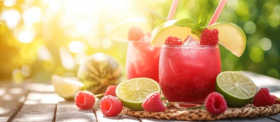 Refreshing glasses of raspberry limeade cocktail with straws and fresh raspberries on rustic wooden...