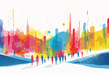 Colorful abstract cityscape with pedestrians and paint splashes