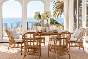 Rattan Charm: Coastal Mediterranean Dining Room Ideas with Sunny Windows