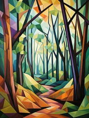 Cubist Forest Mystique: Contemporary Landscape Canvas and Woodland Art Print