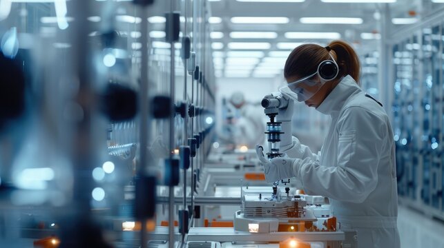 In a state-of-the-art research facility, robotic arms carefully assemble intricate components for a groundbreaking medical device. Generative AI.