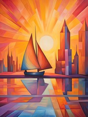 Golden Hour Cubism: Vibrant Sunset Painting Inspired by Contemporary Art