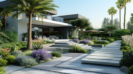 Fototapeta na wymiar Front garden of luxury villa. Generative AI.