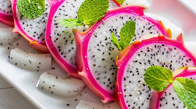 Exotic Dragon Fruit, slices of exotic dragon fruit arranged in a visually striking pattern on a white platter, generative AI, background image
