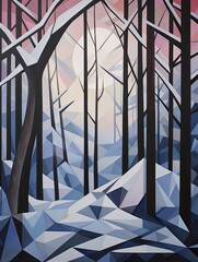 Geometric Snow: Contemporary Cubism Winter Scene Artworks