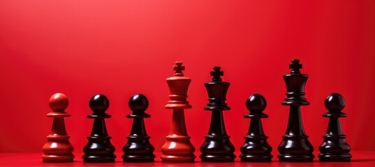 Strategic Standoff: Elegant Black Chess Pieces Against a Crimson Backdrop - Generative AI