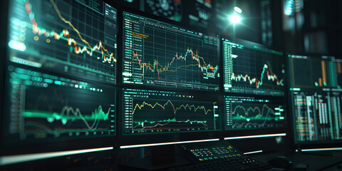 Computer screen monitors with statistic financial graphs analytics,Harnessing Financial Insights Analytics on Computer Monitors.