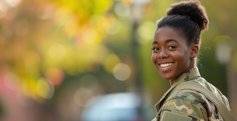 Joyful Young Female Soldier in Camouflage Outdoors. A young and joyful female soldier wearing camouflage gear is pictured outside with a beautiful bokeh of sunlight in the background. - obrazy, fototapety, plakaty