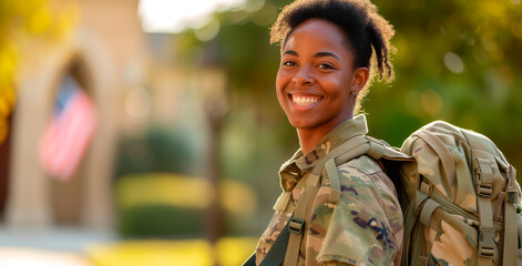 Young African American Female Soldier. A young African American female soldier with a radiant smile, wearing a military uniform and backpack. - obrazy, fototapety, plakaty