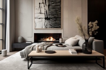 Contemporary Grey Daybed Fireplace Settings Enhancing Abstract Wall Art Scene with Stylish Black Coffee Table