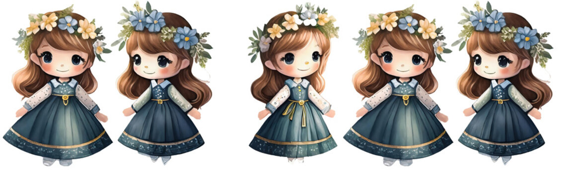 Watercolor style illustration of cute small fairy girl wearing flower crown collection set