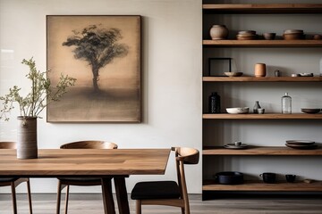 Wooden Dining Table Bliss: Cozy Apartment with Shelf and Wall Art