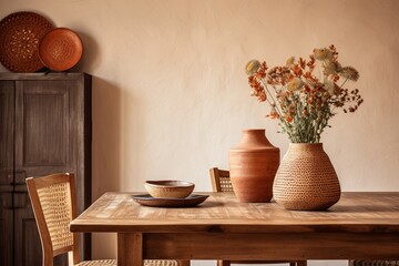 Wooden Table Dining Room: Cozy Setting with Chair and Terracotta Vase