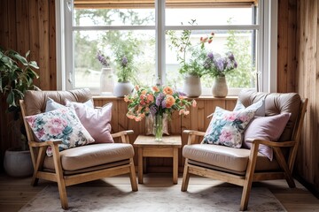 Leather Armchair Elegance: Rustic Scandinavian Living Room with Floral Cushion Patterns
