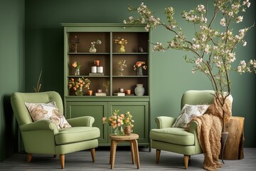 Country Style Green Wall Living Room: Twig and Flower Decor Delight