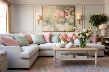 Pastel Rug Cozy Living Room: French Country Sofa Decor Delight
