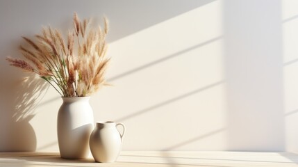 Ceramic vase with dry grass on the table and shade from sunlight