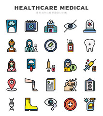 Vector HEALTHCARE MEDICAL types icon set in Lineal Color style. vector illustration.