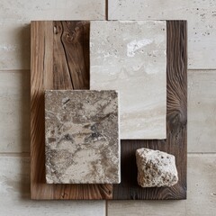 Mix of materials, piece of smoked oak wood, concrete and stone
