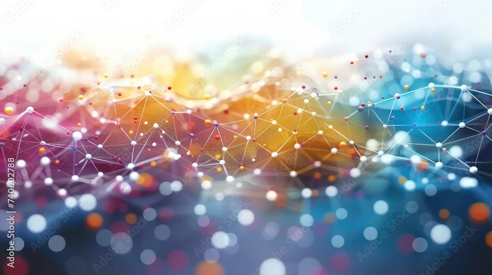 Aufkleber Data connected with lines and dots, large language model graphic, dots and lines are colorful, business color scheme. Generative AI.