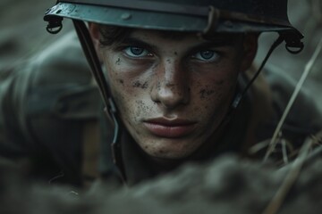 Jeune soldat français cachée dans une tranchée » IA générative - obrazy, fototapety, plakaty