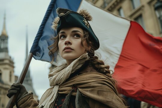 Une femme portant le drapeau fran&ccedil;ais pendant la r&eacute;volution &raquo; IA g&eacute;n&eacute;rative