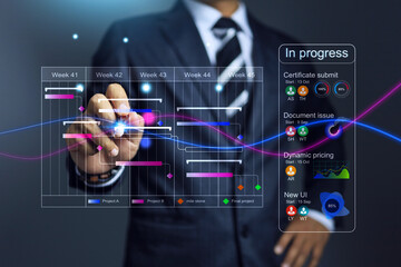 Businessman follow up progress of project work by using weekly gantt chart and graphic show the progress of team member on job status dashboard - obrazy, fototapety, plakaty