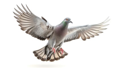 A pigeon flies with open wings