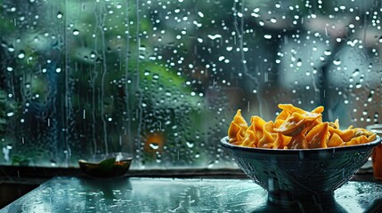 Outside the glass window, it is raining, while inside, on the table, there is a bowl of wontons. The raindrops on the window create a contrast with the warm and inviting bowl of wontons, adding a sens - obrazy, fototapety, plakaty