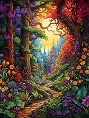 Enchanted Forest Illustrations: Vibrant Landscape Bursting with Colorful Enchantment and Lively Woods