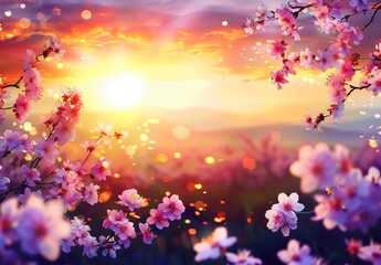 Obraz na płótnie Canvas Springtime Canvas - An Artistic Background featuring Pink Blossoms at Sunset, Capturing the Ethereal Beauty of the Season. Made with Generative AI Technology