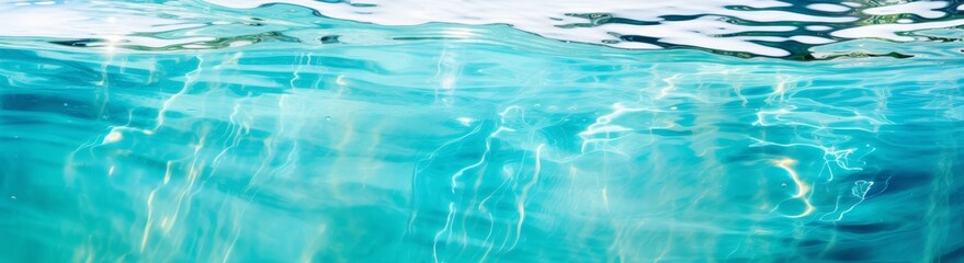 Obraz premium Underwater panorama of swimming pool water with sun reflections, panoramic banner background
