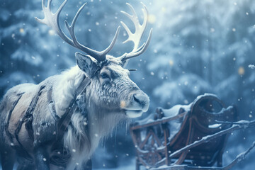 A reindeer stands in front of a sleigh, surrounded by falling snowflakes at twilight.