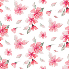 Seamless floral pattern, abstract ditsy print in spring watercolor motif. Romantic delicate botanical design: small pink flowers, leaves, simple bouquets on a white background. Hand drawn illustration