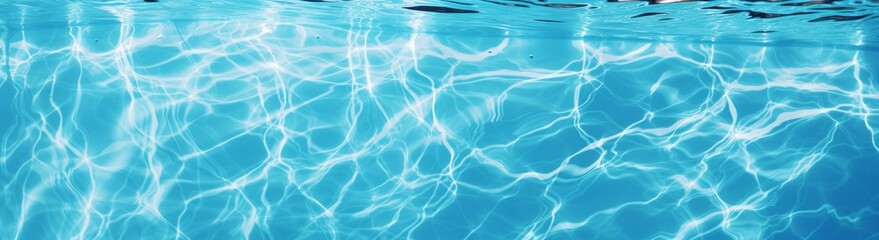 Fototapeta na wymiar Underwater panorama of swimming pool water with sun reflections, panoramic banner background